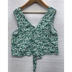 Top Shop Blouse 10 Open Tie Back Green Leaf V Neck Sleeveless Cropped V Neck